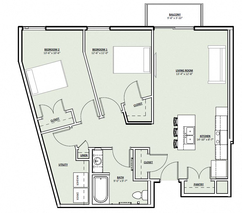 Floor plan for 2 beds, 2 baths, 1008 sqft